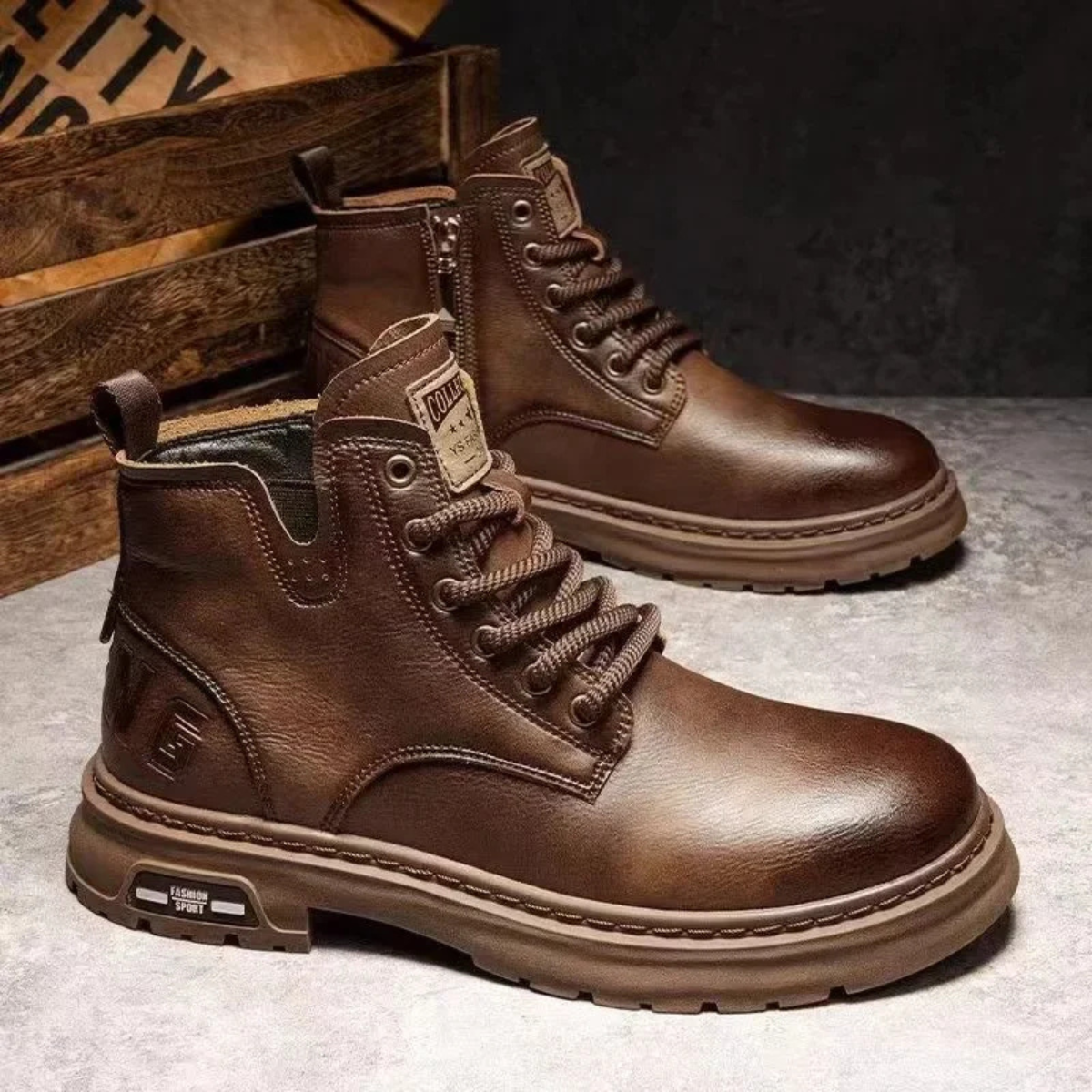 Rugged Men's Brown Leather Work Boots with Grip Sole