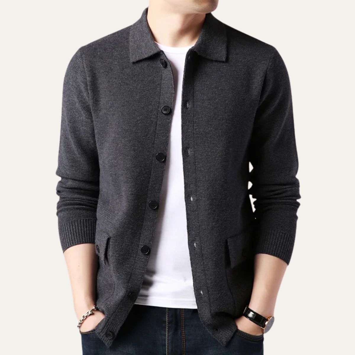 Classic Crew Neck Men's Cable Cardigan Sweater