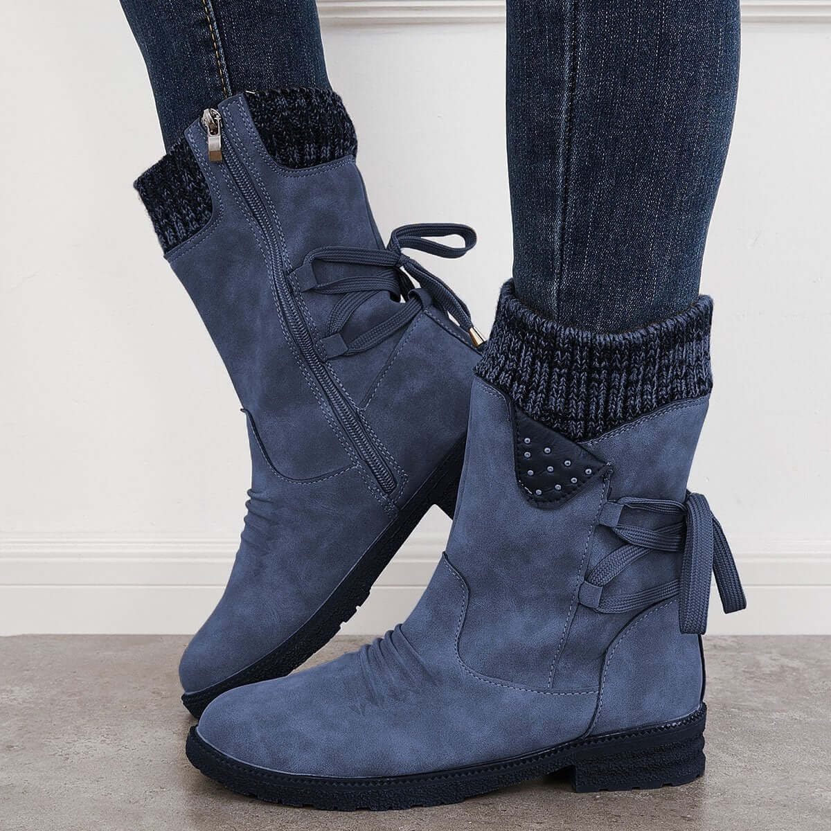Waterproof Suede Block Heel Ankle Boots Side Zipper Booties