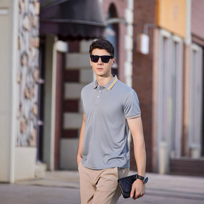 Men's Casual Cotton Short-Sleeve Polo Shirt with Lapel Collar
