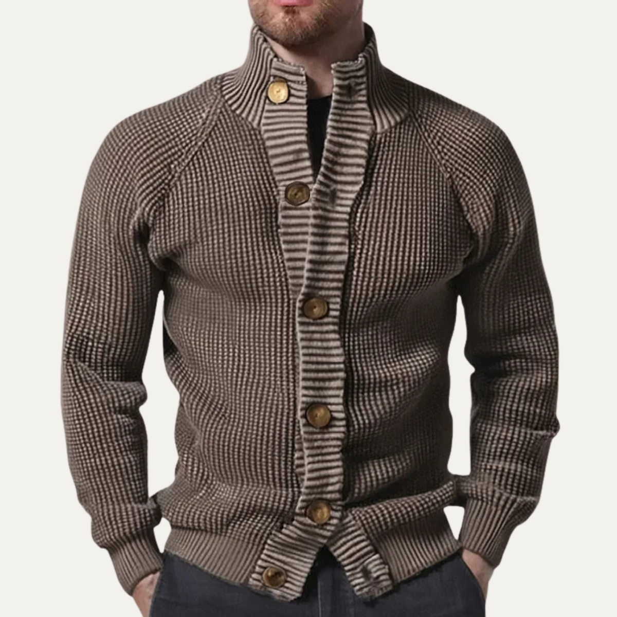 Thick Knit Men's Button Up Cardigan with Crew Neck