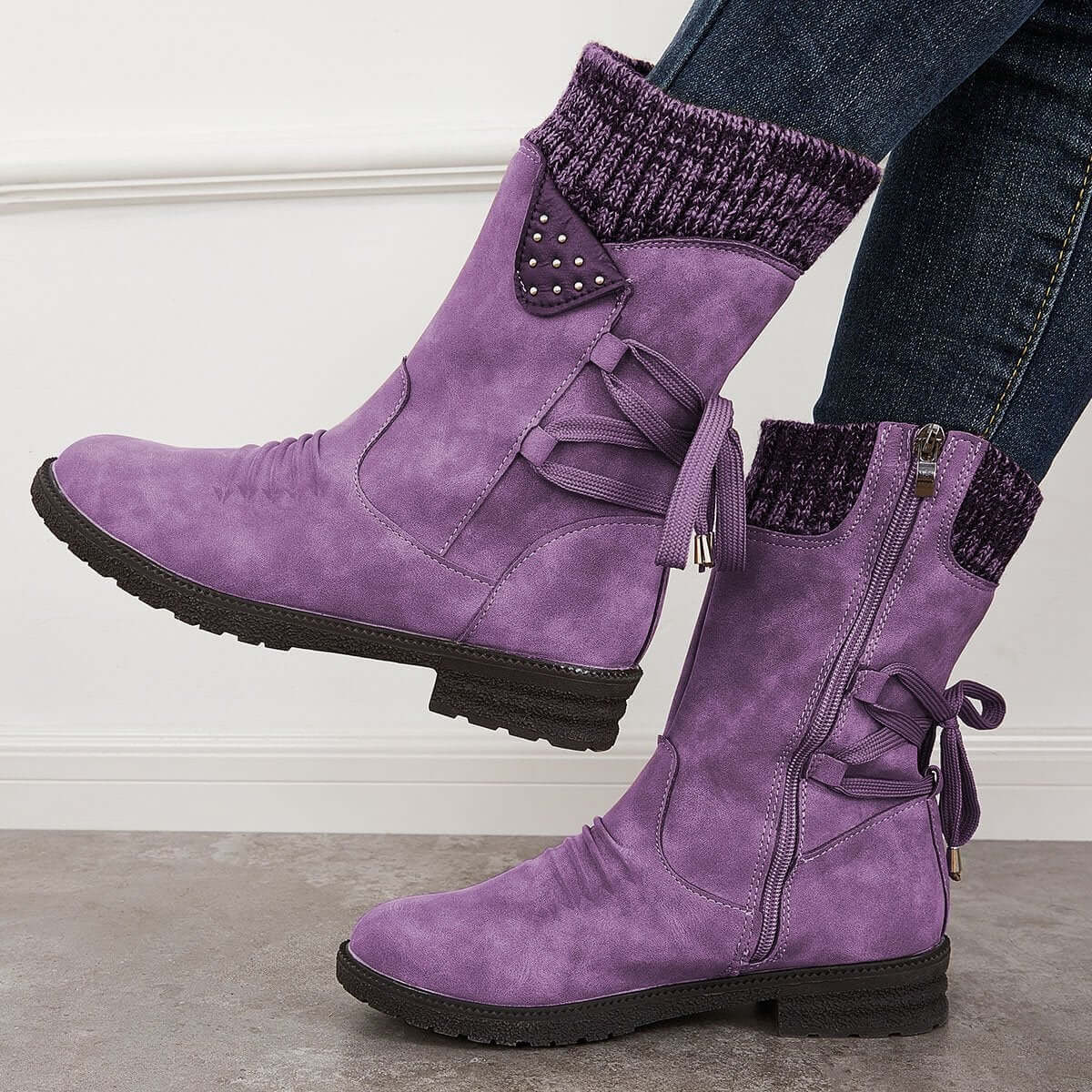 Waterproof Suede Block Heel Ankle Boots Side Zipper Booties
