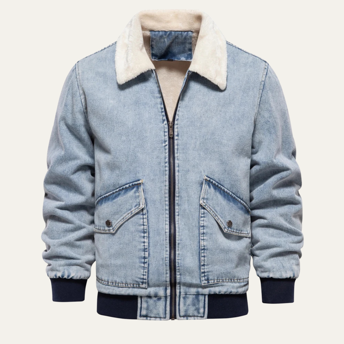 Men's Distressed Blue Bomber Jacket with Fake Fur Trim - OutfitLondon