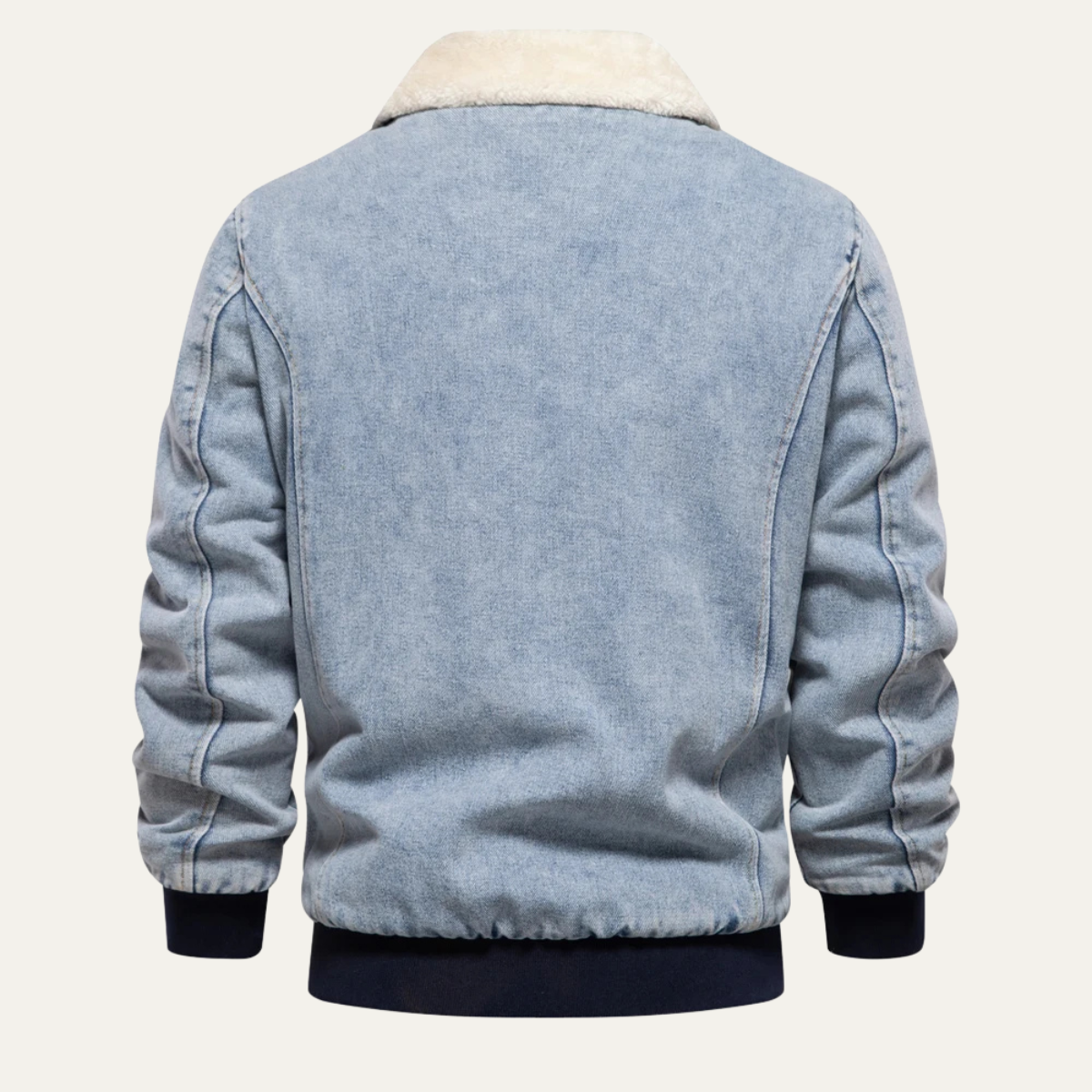 Men's Distressed Blue Bomber Jacket with Fake Fur Trim