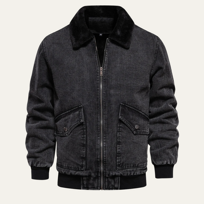Men's Distressed Blue Bomber Jacket with Fake Fur Trim