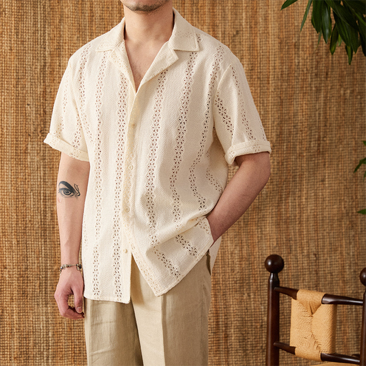 Men's Casual Cotton Short Sleeve Cuban Collar Shirt Beige
