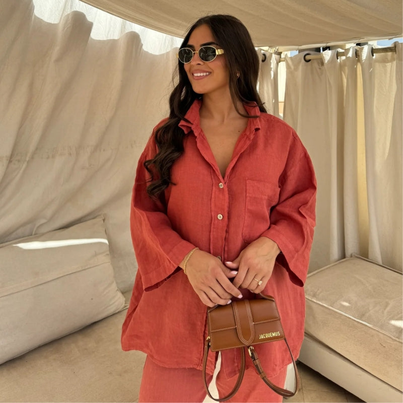Women's Casual Cotton Wide Leg Pants and Long Sleeve Shirt Set