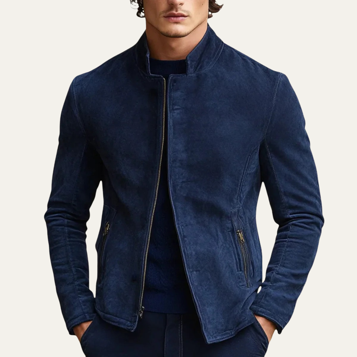 Navy Blue Men's Suede Zipper Bomber Jacket