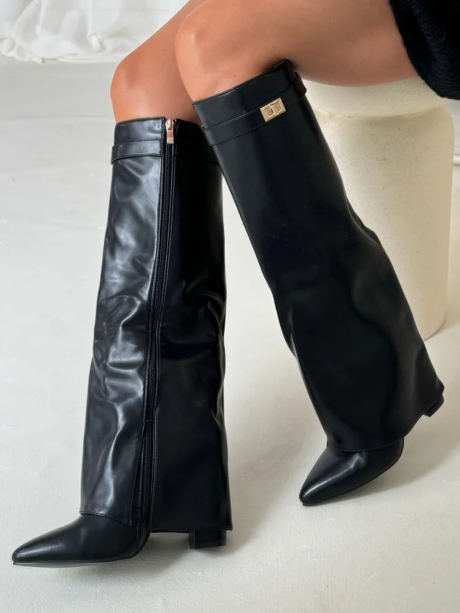 Women's Leather Thigh High Boots with Buckle