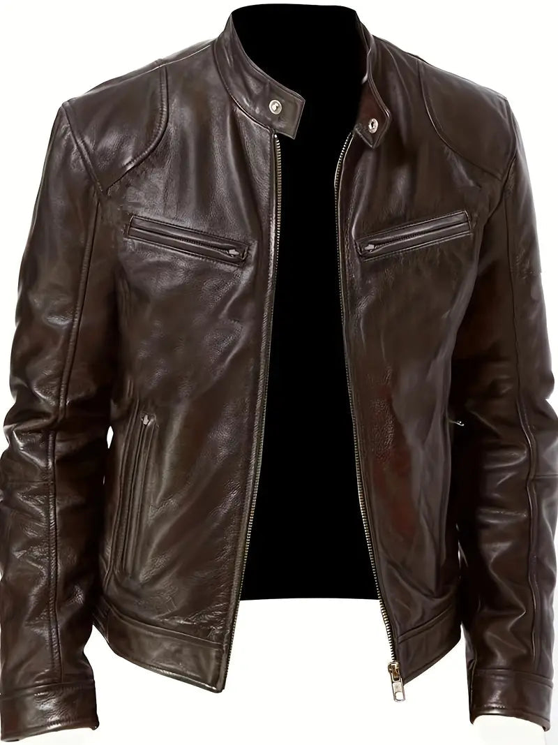 Slim Fit Synthetic Leather Biker Jacket For Men