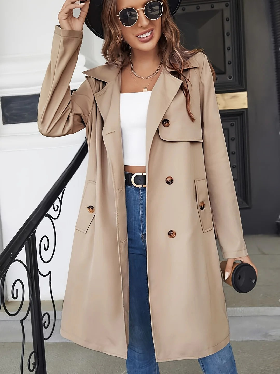 Waterproof Long Trench Coat with Pockets - OutfitLondon