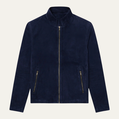 Navy Blue Men's Suede Zipper Bomber Jacket - OutfitLondon