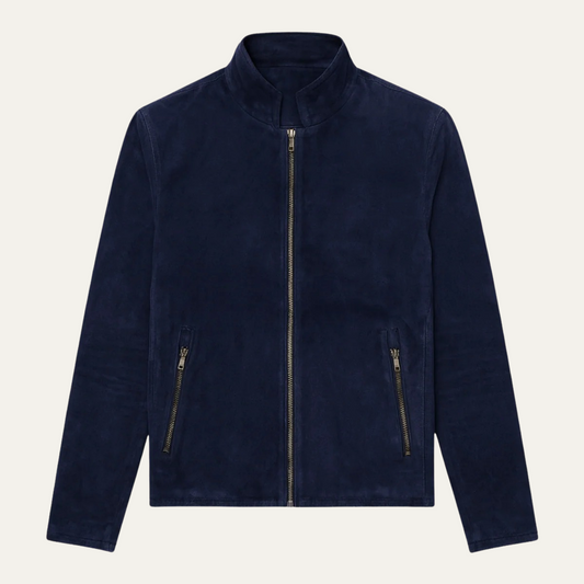 Navy Blue Men's Suede Zipper Bomber Jacket - OutfitLondon