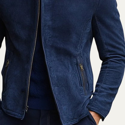 Navy Blue Men's Suede Zipper Bomber Jacket
