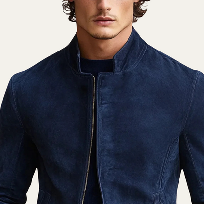 Navy Blue Men's Suede Zipper Bomber Jacket
