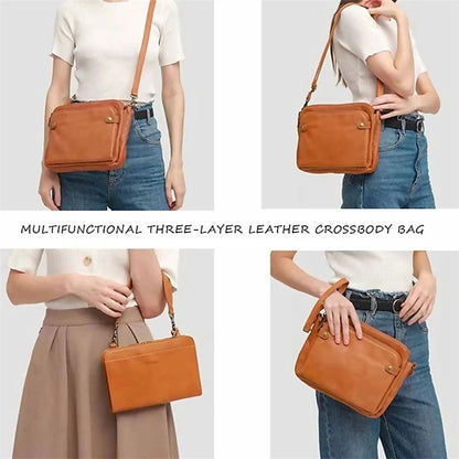 Three-Layer Crossbody Leather Shoulder Bag & Clutch