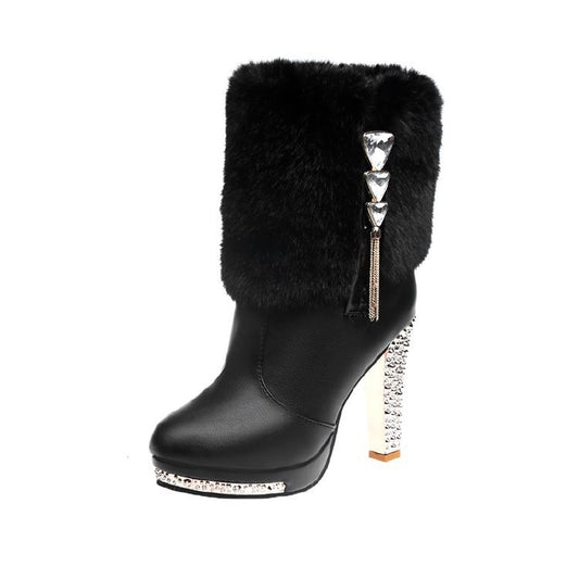 Rhinestone Faux Fur Lined Ankle Boots Chunky High Heel Booties