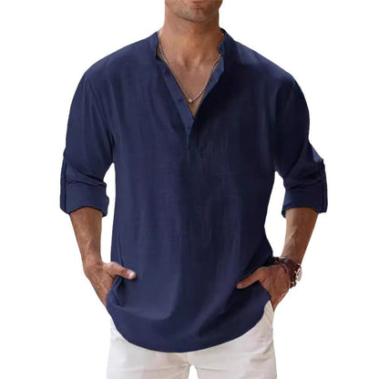 Men's Casual Cotton Long Sleeve T-Shirt with Stand-Up Collar