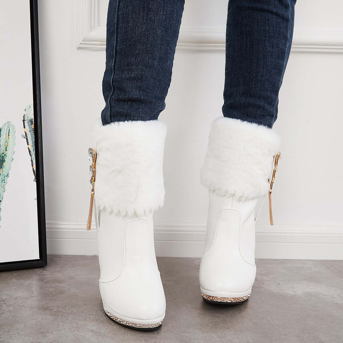 Rhinestone Faux Fur Lined Ankle Boots Chunky High Heel Booties