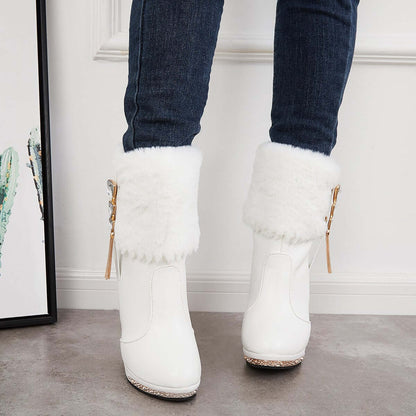 Rhinestone Faux Fur Lined Ankle Boots Chunky High Heel Booties