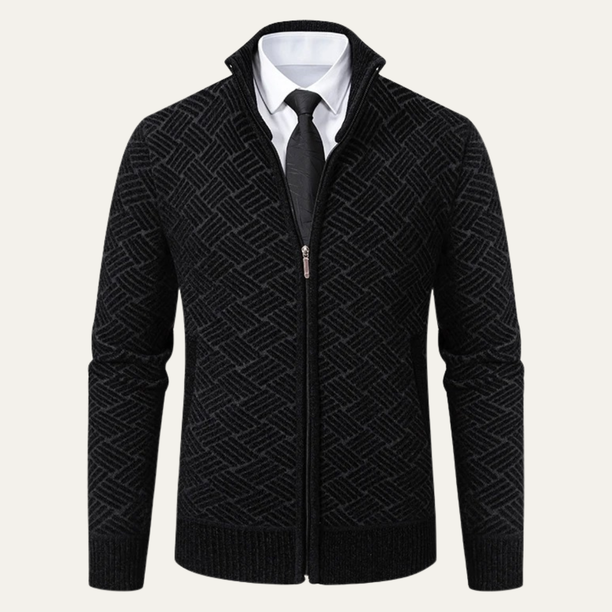 Men's Classic Knit Pattern Jacket with Stand Collar