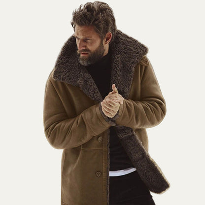 Men's Faux Suede Overcoat with Warm Shearling Inside