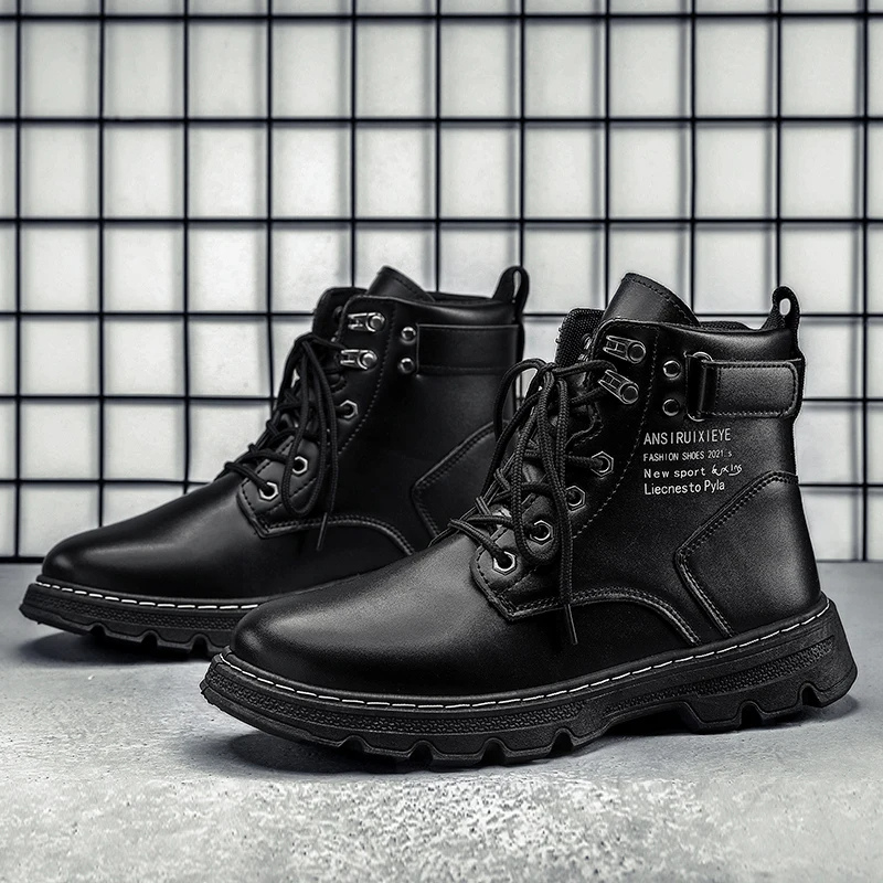 Waterproof Insulated Black Leather Men's Ankle Boots