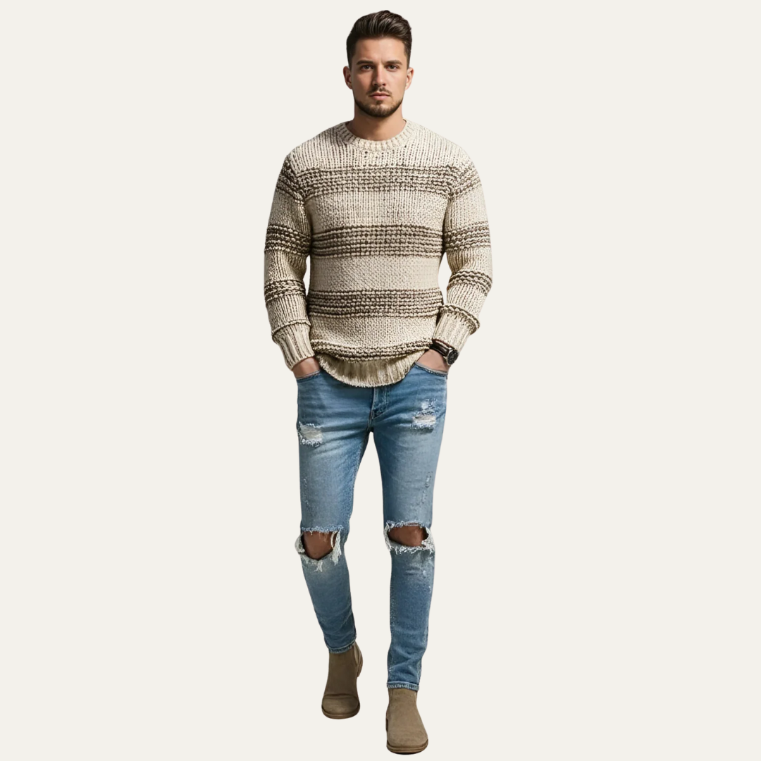 Thick Horizontal Stripe Crew Neck Sweater - OutfitLondon