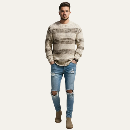Thick Horizontal Stripe Crew Neck Sweater - OutfitLondon