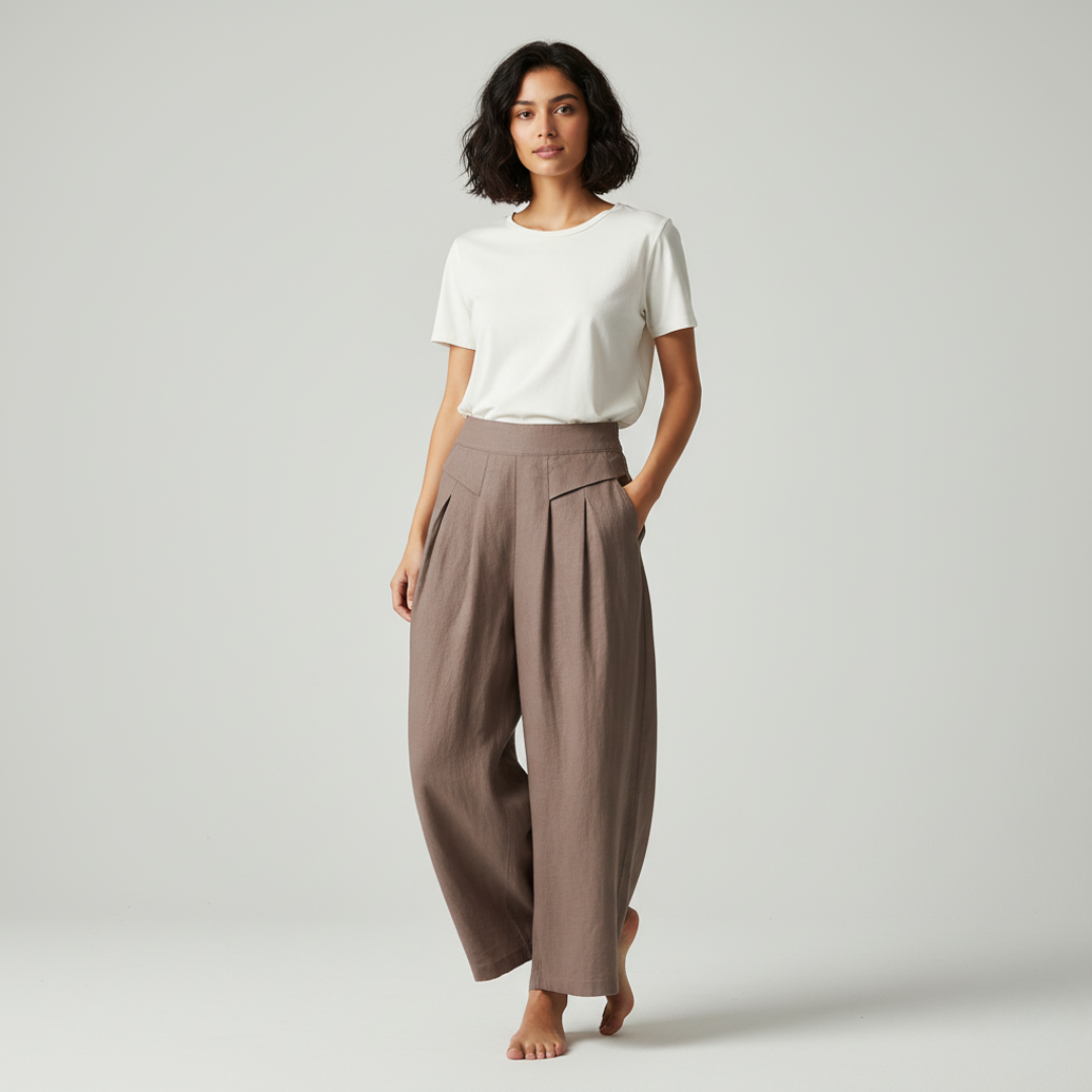 Relaxed Fit Beige Cotton Casual High Waist Trousers