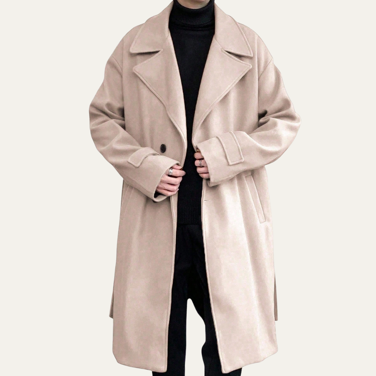 Classic Mens Wool Overcoat with Waist Belt