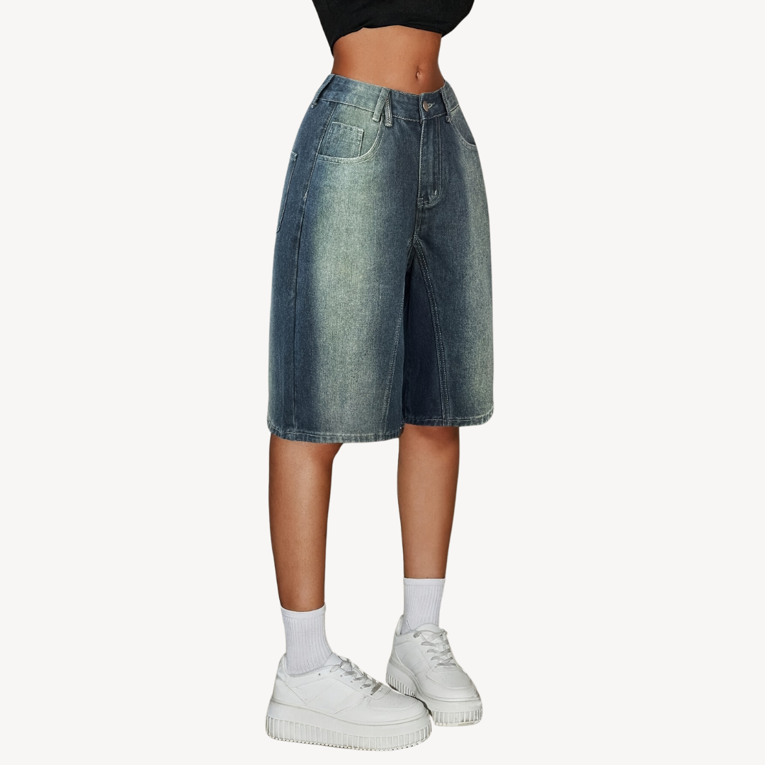 Women's Retro Blue Bermuda Shorts - Classic & Cozy