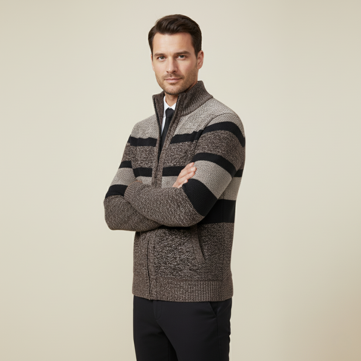 Warm Men's Striped Zip Up Cardigan Sweater