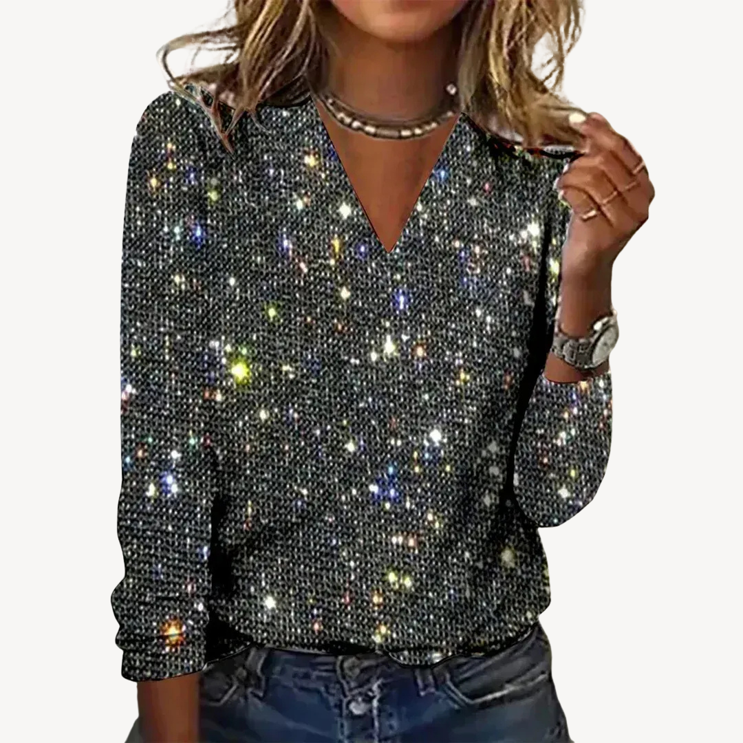Glittery Deep V Neck Long Sleeve Women's Top