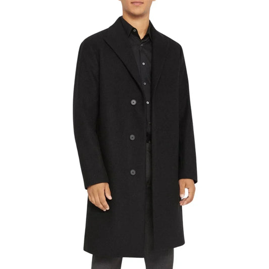 Men's Single Breasted Wool Overcoat Black Peak Lapel - OutfitLondon