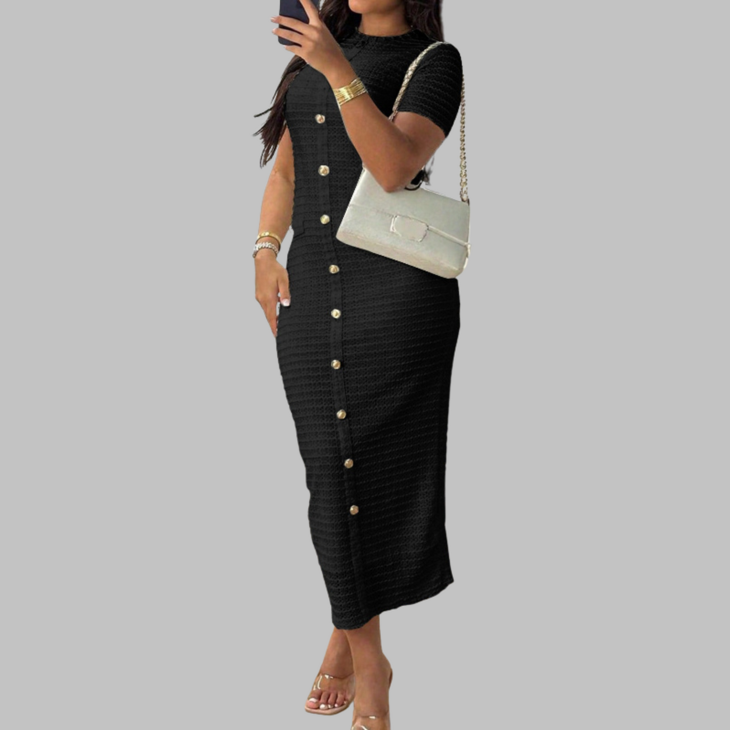 Classic Crew Neck Faux Button Dress
