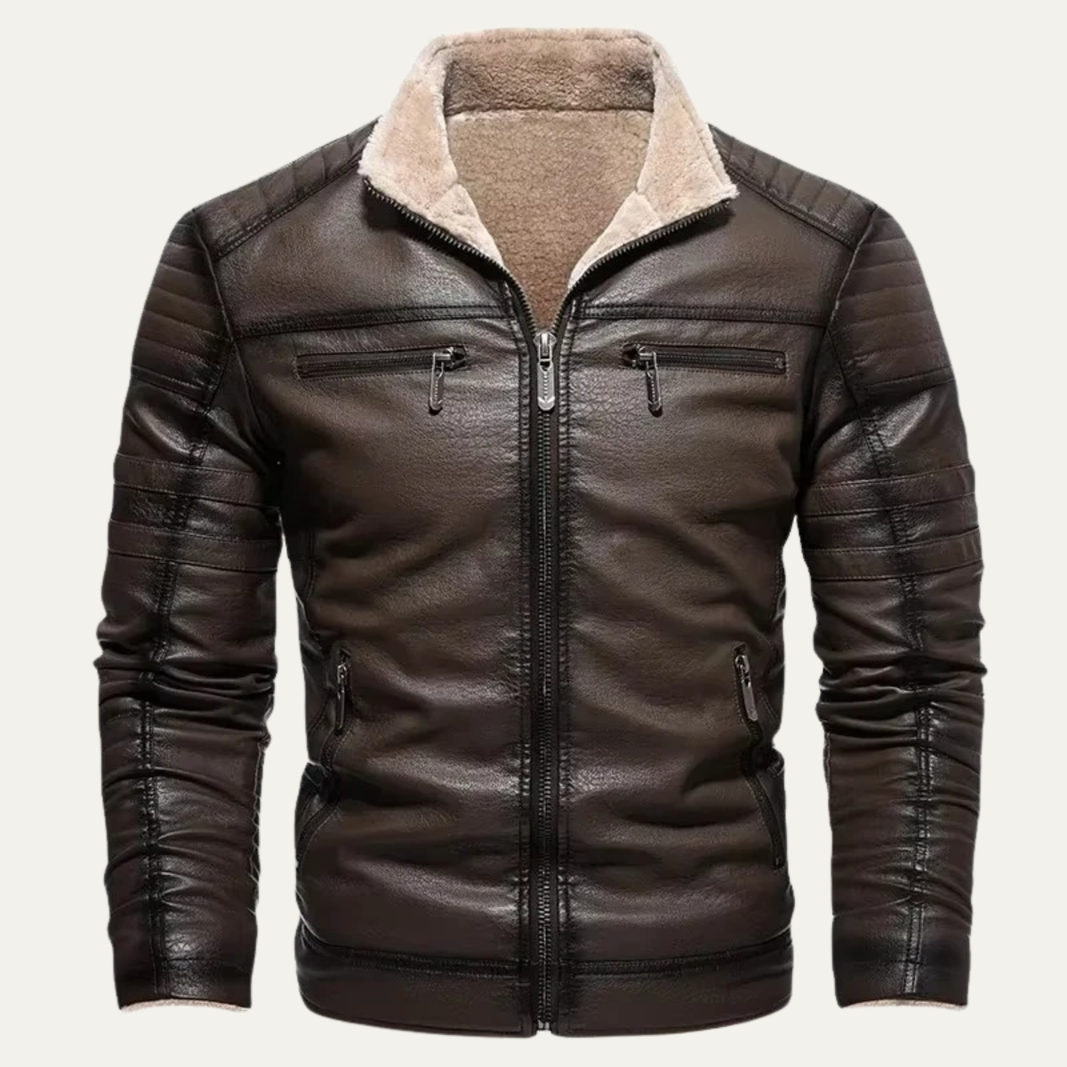 Classic Brown Leather Shearling Coat for Men - OutfitLondon
