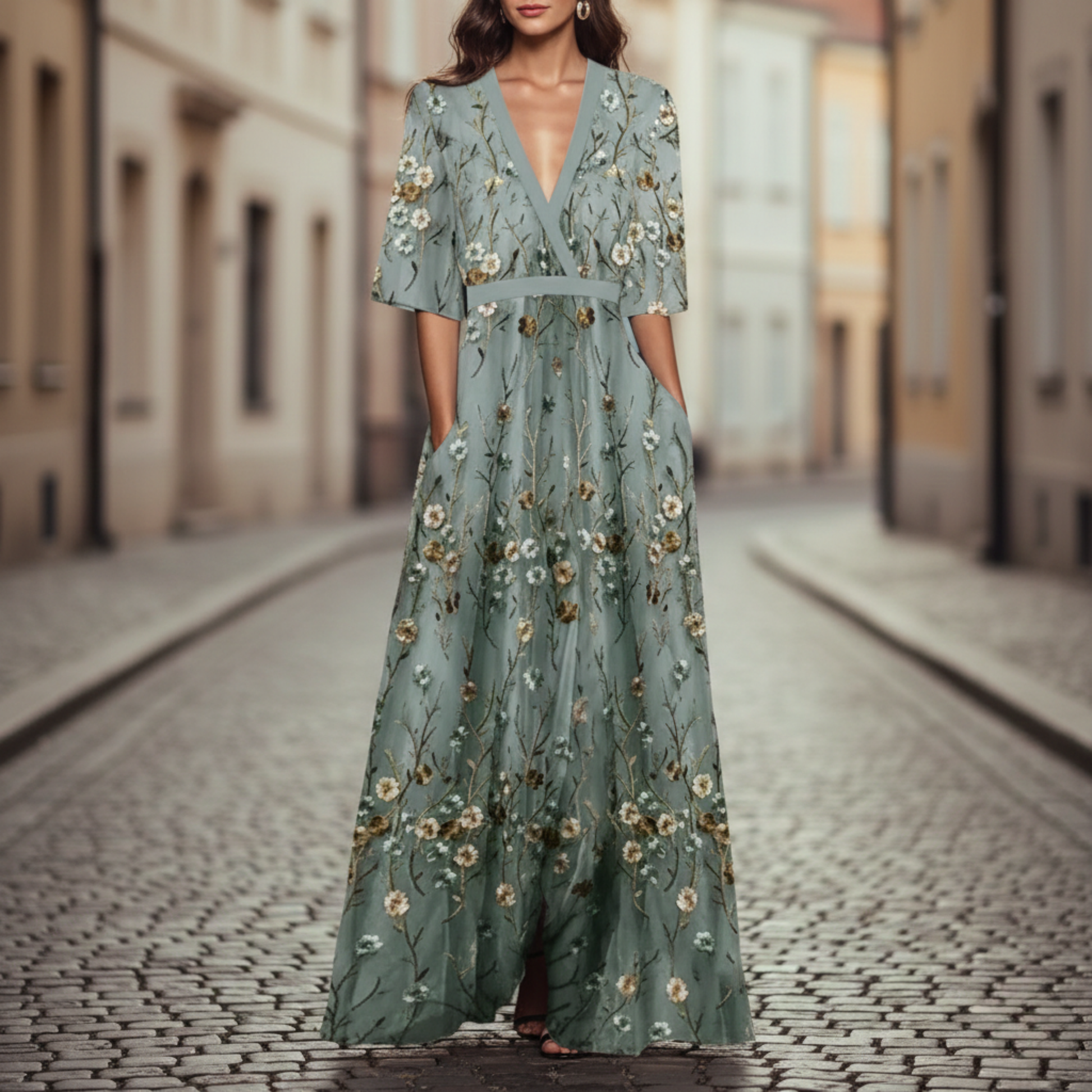 Elegant V Neck Floral Maxi Dress for Women - OutfitLondon