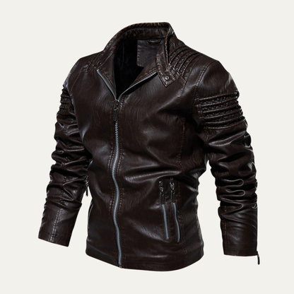 Men's Padded Leather Biker Jacket with Zip Collar