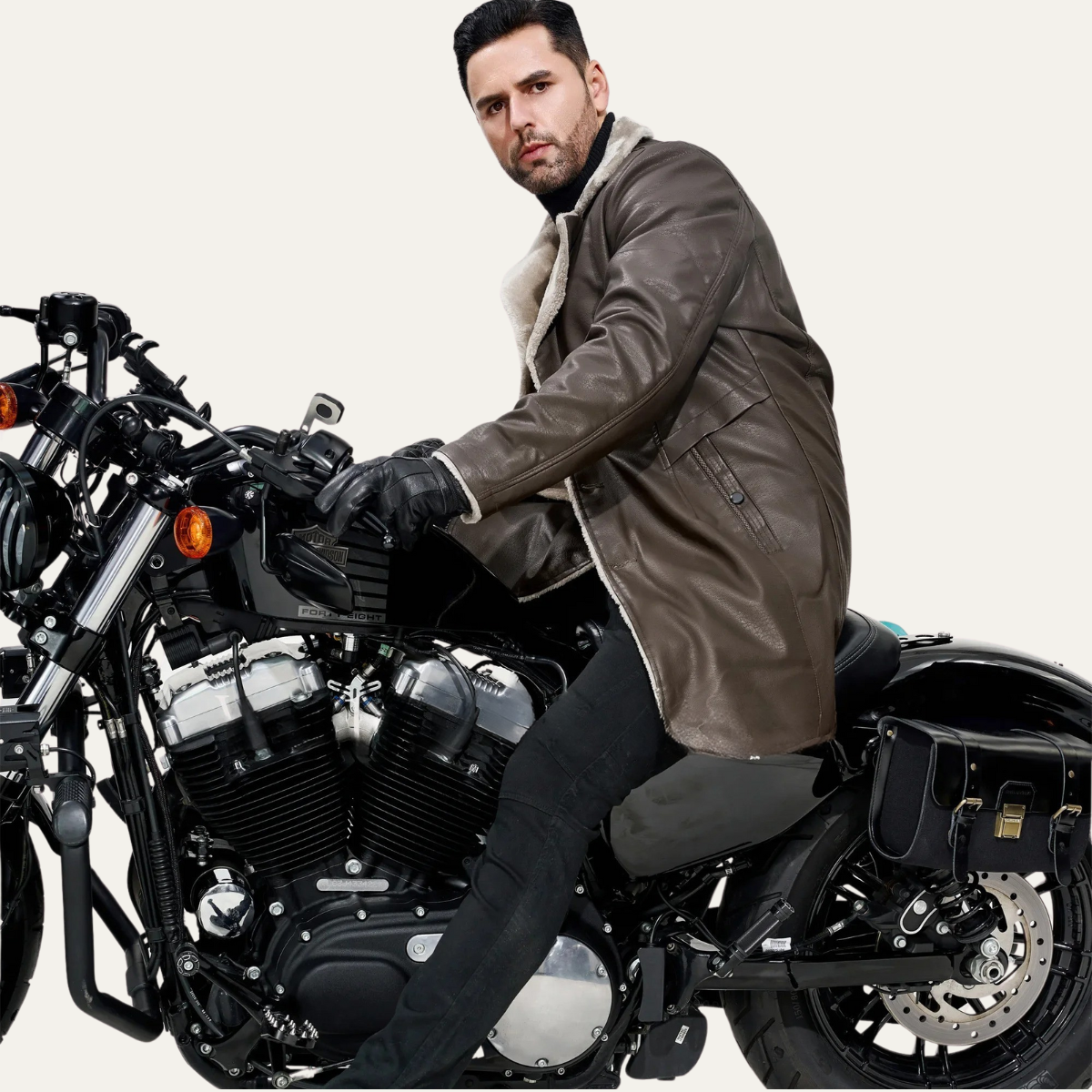 Men's Synthetic Leather Coat with Fleece Lining