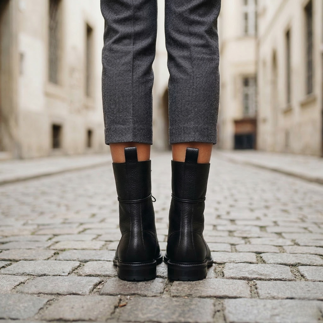 Trendy Leather Ankle Boots with Laces Combat Style