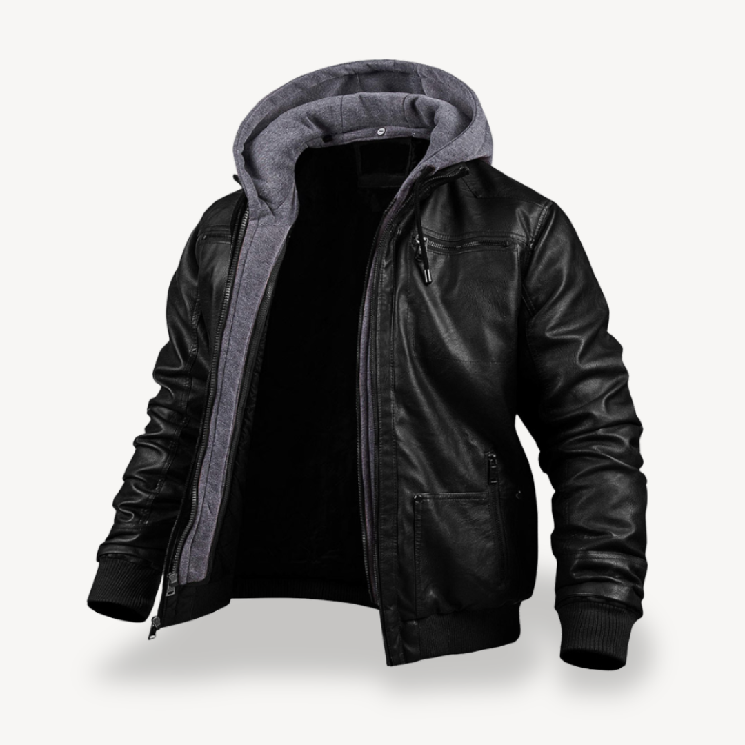 Men's Synthetic Leather Zip Jacket with Hood
