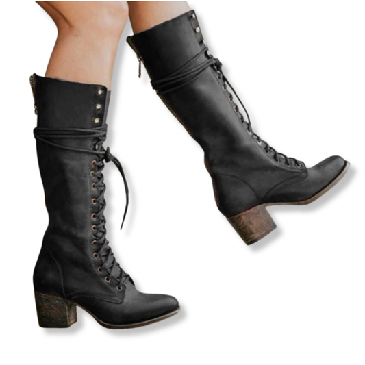 Chic Lace-Up Block Heel Boots - OutfitLondon
