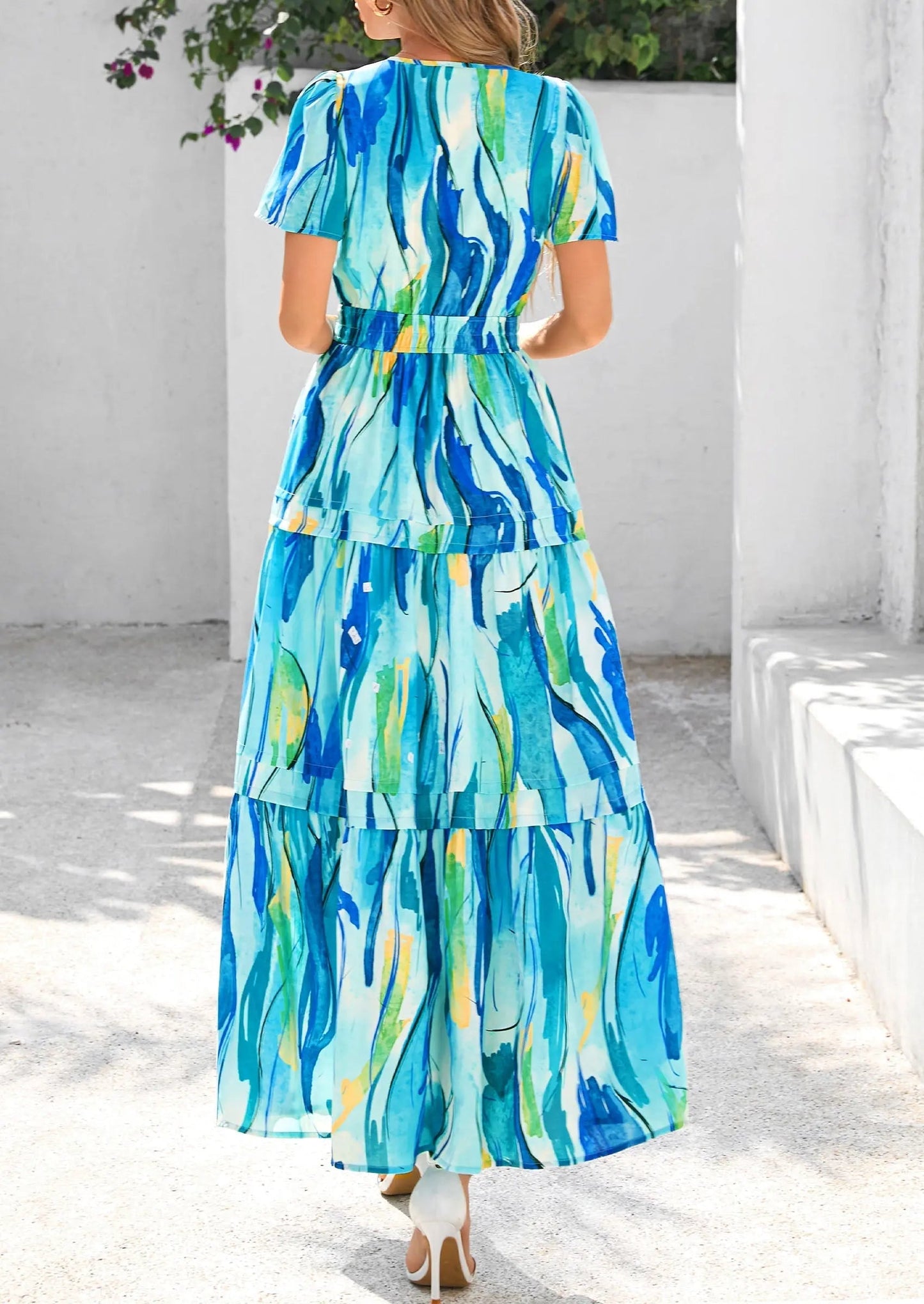 Casual Floral V Neck Flowy Beach Maxi Dress