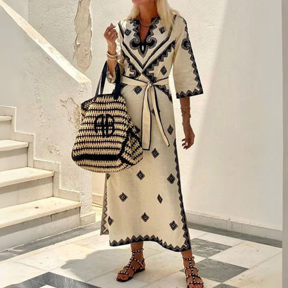 Ladies Long Embroidered V Neck Summer Dress