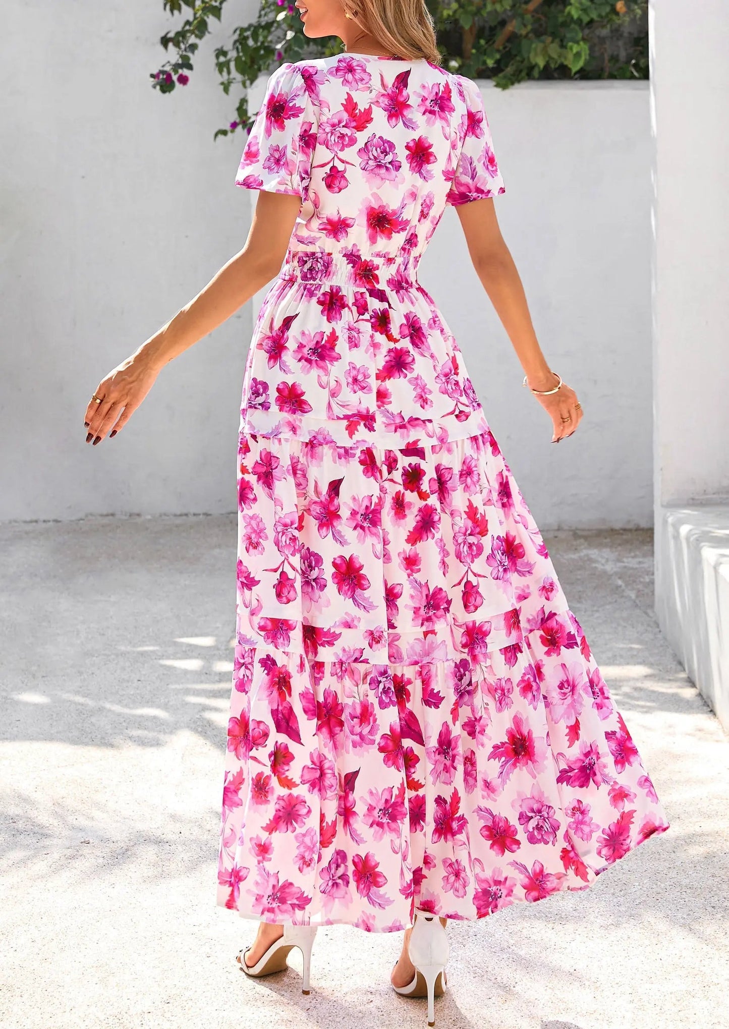 Casual Floral V Neck Flowy Beach Maxi Dress