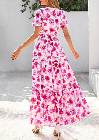 Casual Floral V Neck Flowy Beach Maxi Dress