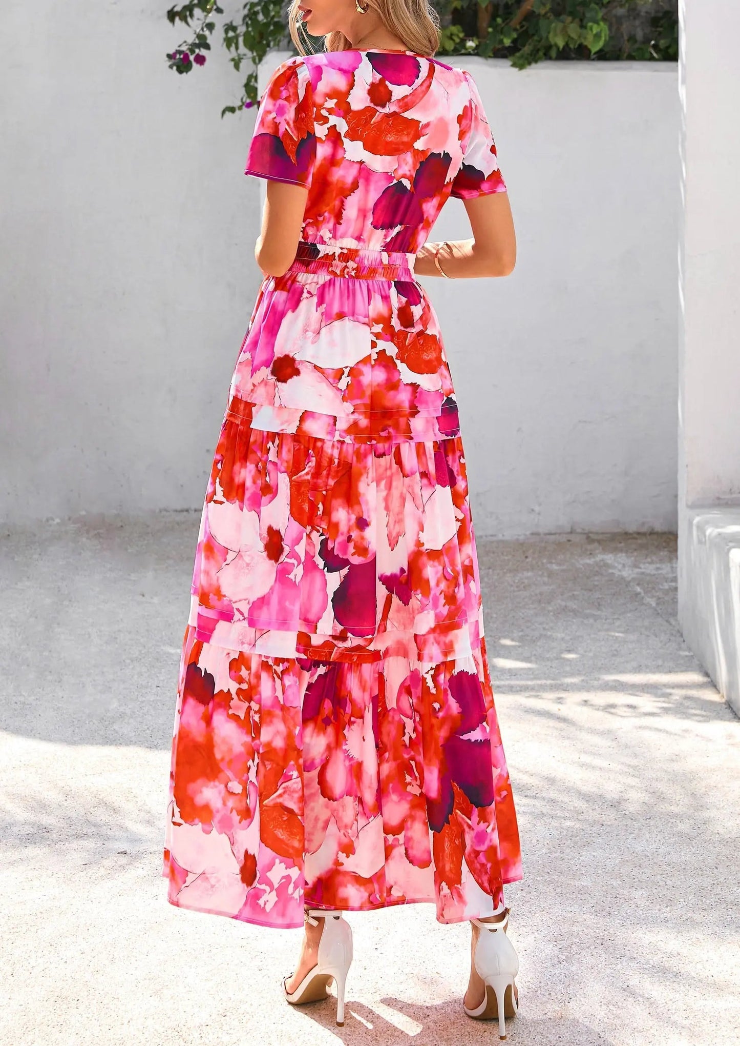 Casual Floral V Neck Flowy Beach Maxi Dress