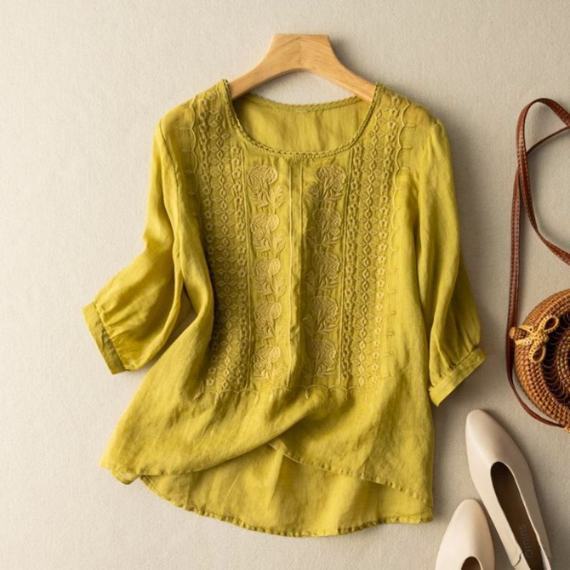 Casual Loose Fit Embroidered Blouse with Puff Sleeves
