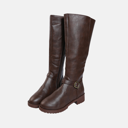 Brown Knee High Buckle Boots | Low Heel Ankle Boots